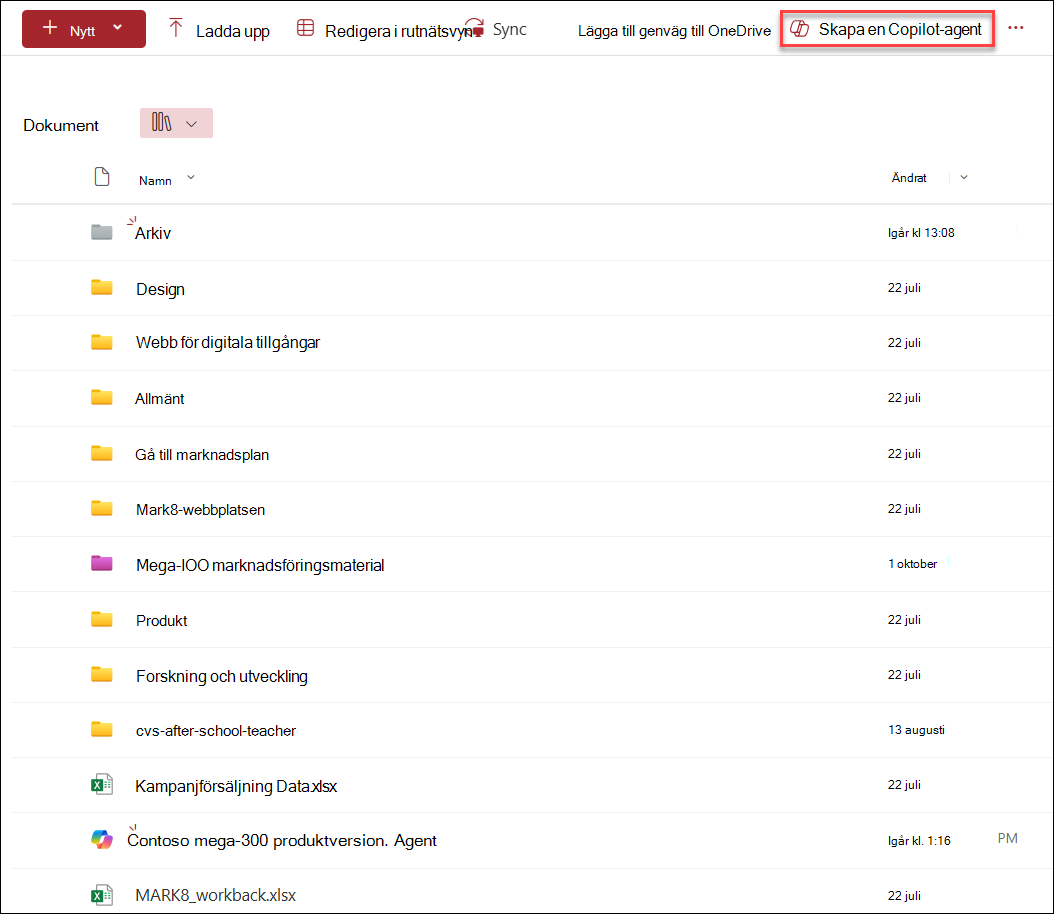 Skärmbilden av Skapa ny copilot-agent från dokumentbiblioteket