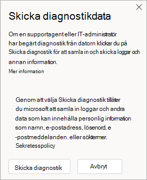 Skärmbild av fönster som visar hur du skickar diagnostikdata när du talar med en agent