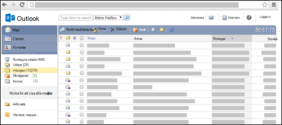 Skärmbild av inkorgen i Outlook Web App Light