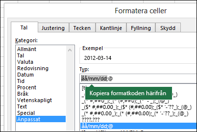 Exempel på användning av dialogrutan Formatera > Celler > Tal > Anpassat för att låta Excel skapa formatsträngar åt dig.