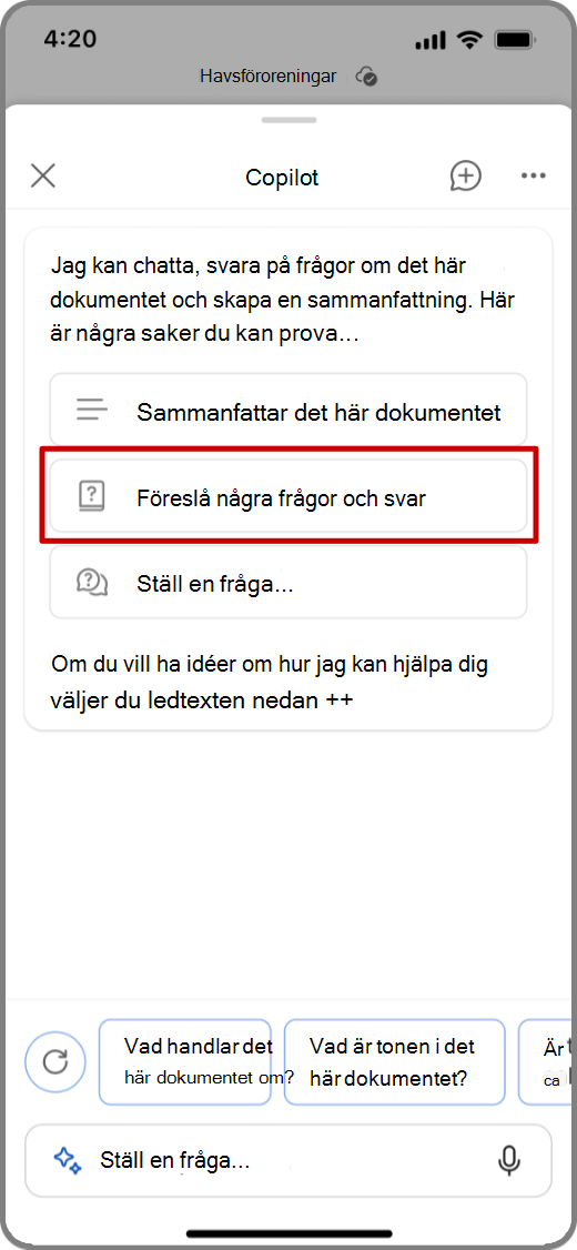 Skärmbild av Copilot i Word på en iOS-enhet med frågan Föreslå några frågor och svar markerad