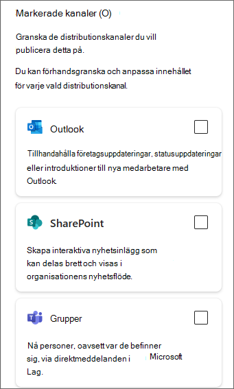 Skärmbild av sidopanelen som visar kryssrutor för Outlook, SharePoint och Teams.