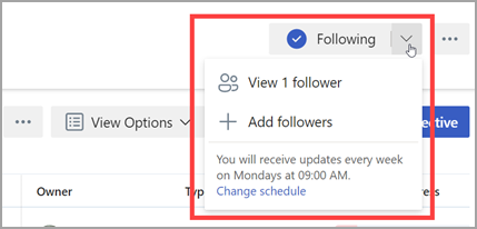 Skärmbild som visar att ikonen Följer blev blå för att indikera att du följer teamet eller användaren.
