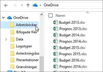 Utforskaren, OneDrive-mapp, Excel-filer