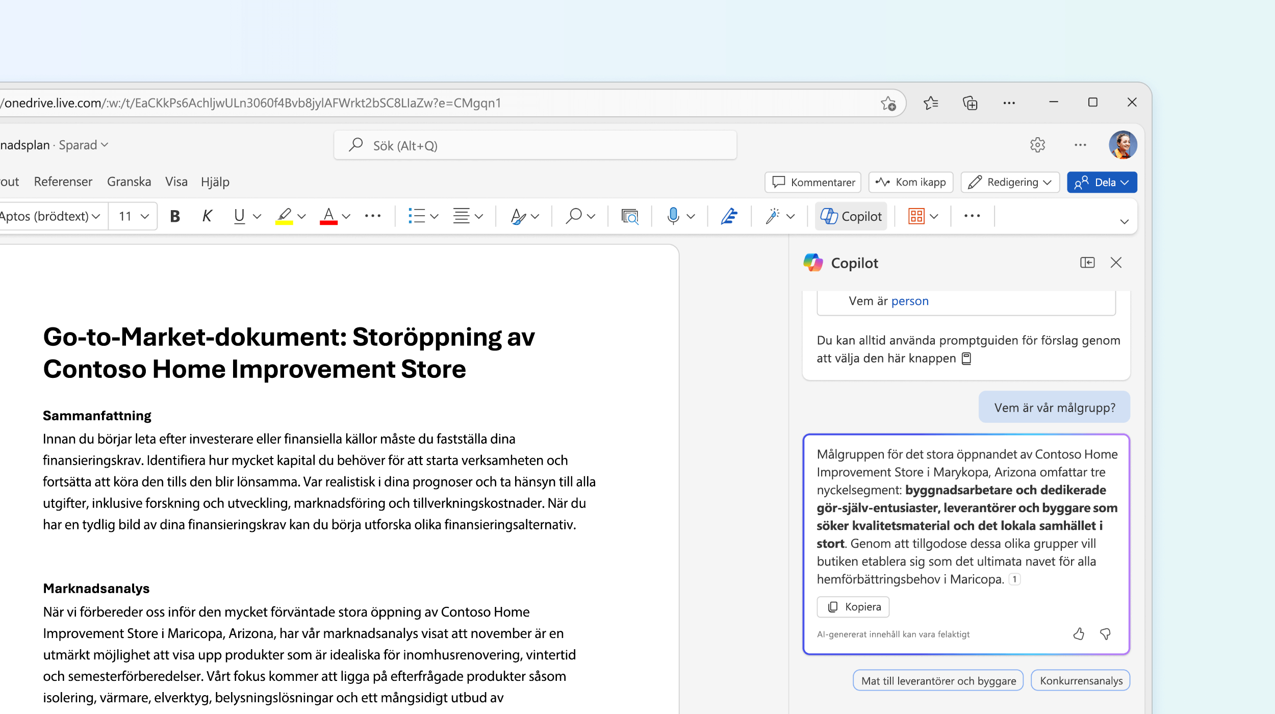 Skärmbilden visar Copilot i Word svara på en fråga om dokumentet.