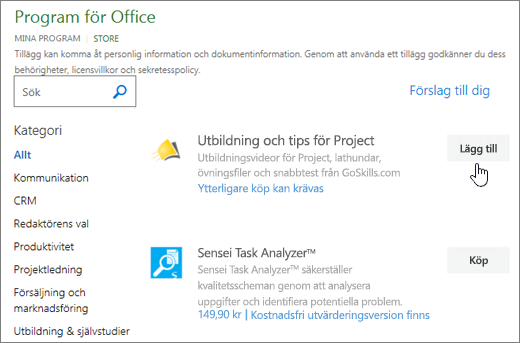 Skärmbild av sidan Office-tillägg i Store där du kan välja eller söka efter ett tillägg för Project.