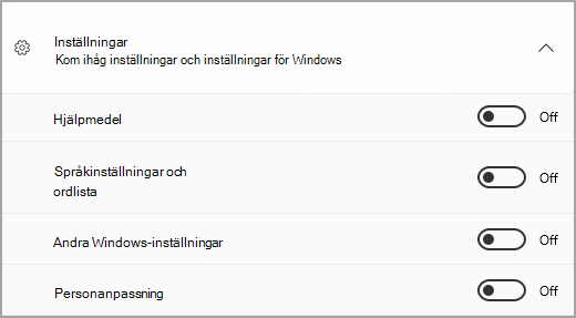 Avsnittet Inställningar i Windows Säkerhetskopiering.