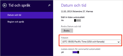 Windows 8 set time with Universal Coordinated Time (UTC) highlighted