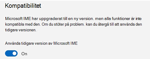 Skärmbild av avsnittet Microsoft IME-kompatibilitet