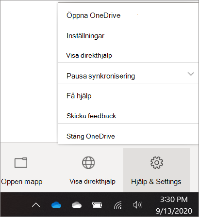 Skärmbild av OneDrive-inställningarna