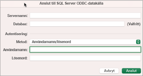 Dialogrutan SQL Server anger server, databas och autentiseringsuppgifter