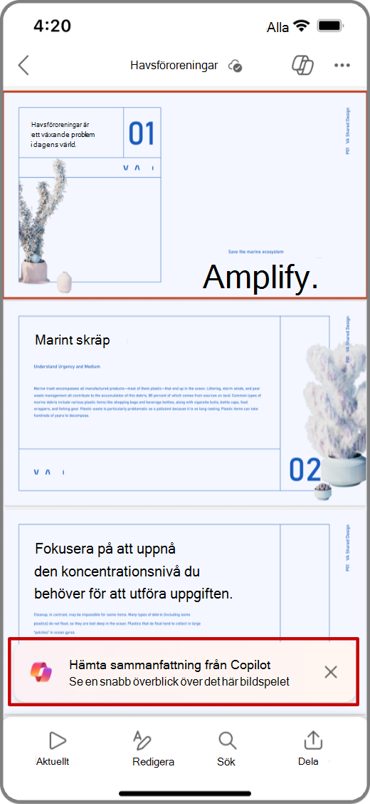 Skärmbild av Copilot i PowerPoint på iOS-enhet med Få sammanfattningsfråga markerat