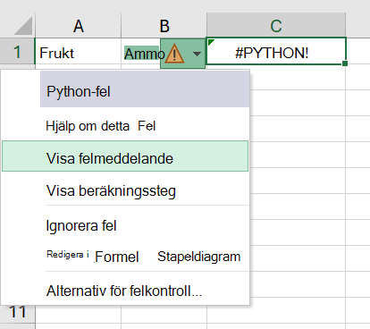 Ett fel i en Python i Excel-cell med felmenyn öppen.