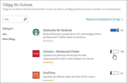 Skärmbild av sidan Tillägg för Outlook där du kan se installerade tillägg och söka efter och välja fler tillägg.