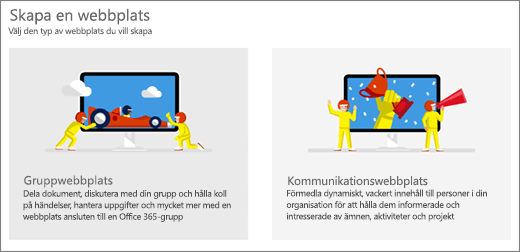 Urval av två mallar på högsta nivån, grupp- eller kommunikationswebbplats.