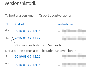 Versionshistorik med en delversion borttagen