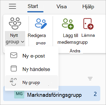 I menyfliksområdet på instrumentpanelen Grupper väljer du Ny grupp > ny grupp