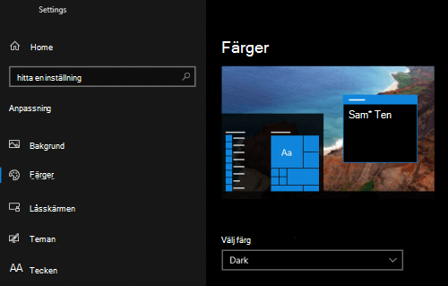 Det Windows mörkt läge som är markerat i anpassningsinställningarna på en dator.