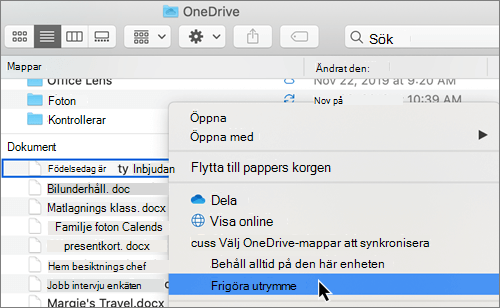 Skärmbild av alternativ för OneDrive Filer på begäran i Finder på en Mac