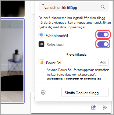Ett popup-fönster från Copilots webbplats som visar tillgängliga tillägg och alternativ för att aktivera dem.