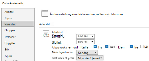 Skärmbild av alternativ för kalenderarbetstid