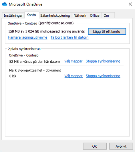 Skärmbild av kontoinställningar i synkroniseringsklienten för OneDrive.