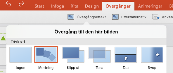 Visar övergången Morfning på menyn Övergångar i PowerPoint 2016 för iPad