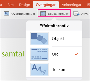 Visar Effektalternativ för övergången Morfning i PowerPoint 2016 för iPad