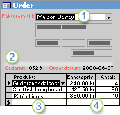 Orderformulär som visar relaterad information från fem tabeller samtidigt