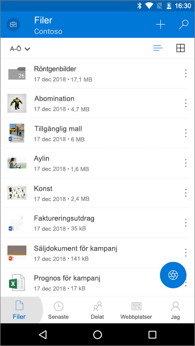 Skärmbild av OneDrive mobilapp med knappen Filer markerad