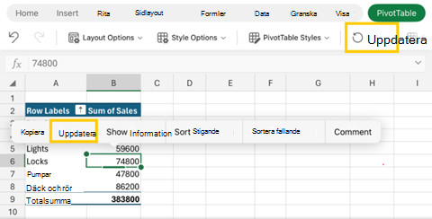 Skärmbild av uppdatering av pivottabell i Excel för iPad
