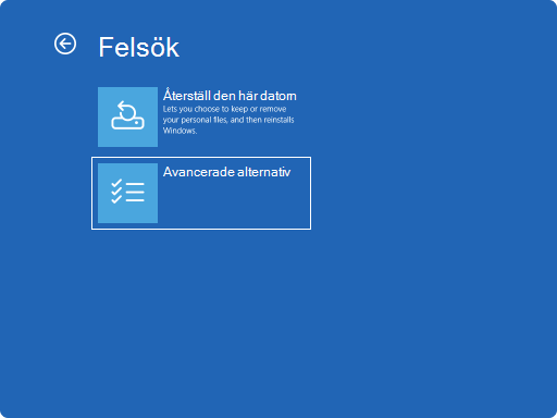 Skärmbild av Windows RE – felsök.