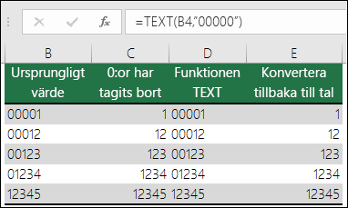 Exempel på användning av TEXT för formatering av inledande nollor.  =TEXT(A2,"00000")