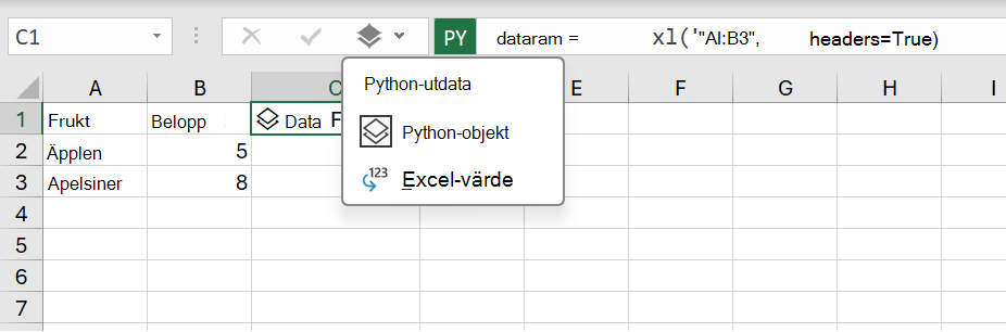 Python-utdatamenyn i en Excel-arbetsbok.