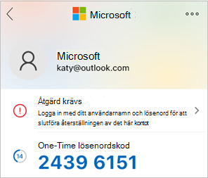Skärmbild som visar lösenordskoden Microsoft Authenticator en gång.