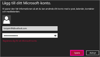 Windows 8 Mail, sidan Lägg till ditt Microsoft-konto