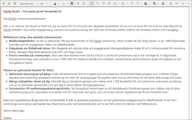 Skärmbild av en längre text som föreslås av Copilot i SharePoint RTF-redigeraren