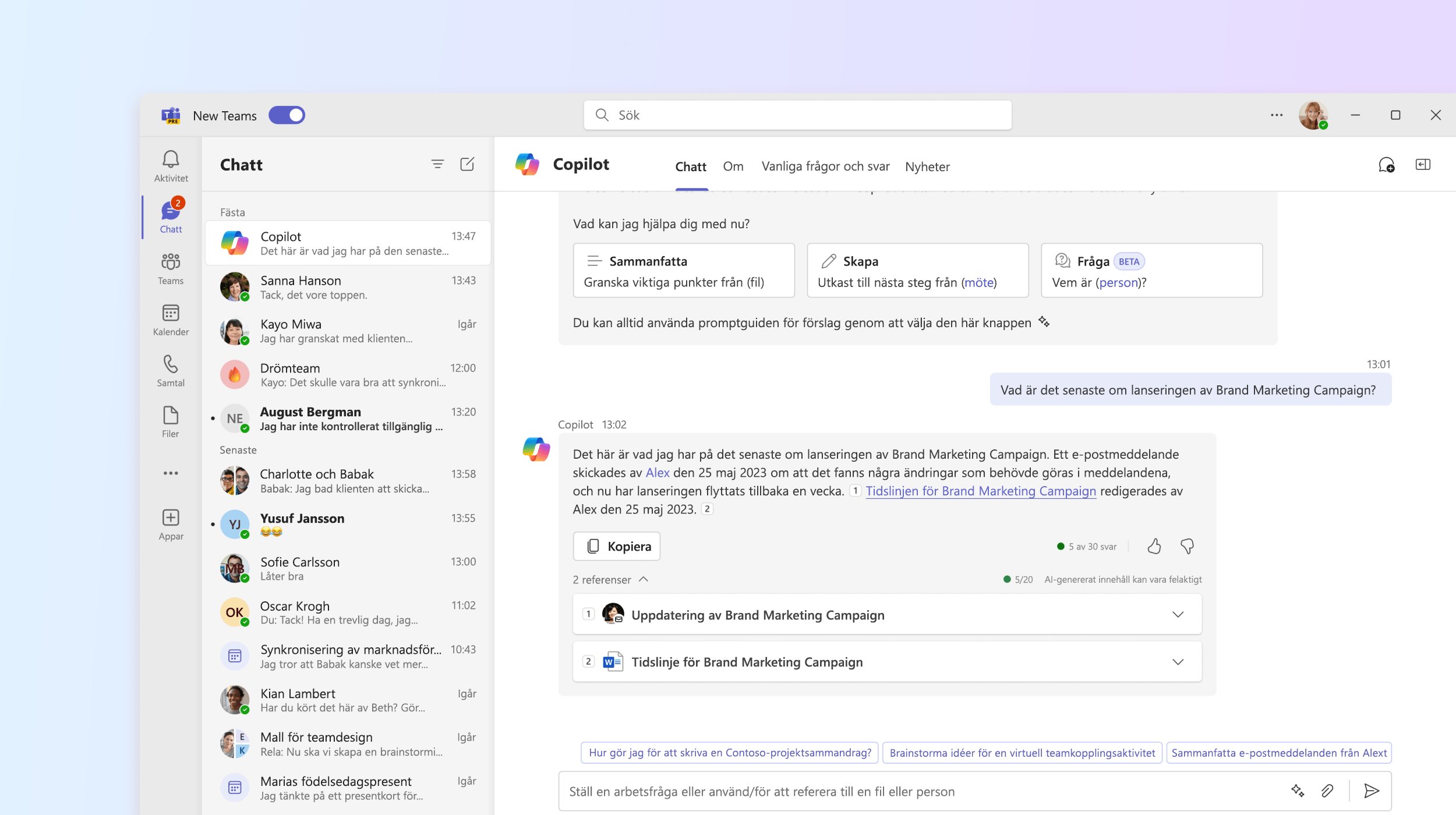 Skärmbild som visar Microsoft 365 Copilot-app i Teams.