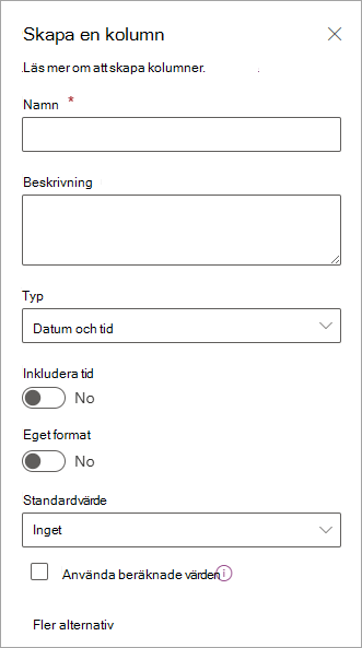 Skärmbild av panelen Skapa en kolumn som du kan använda för att lägga till kolumner i listor.