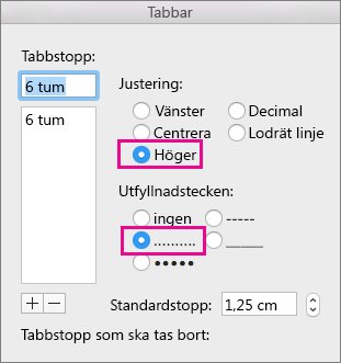 Dialogrutan Flik, konfigurera en högerjusterad flik med punkter.