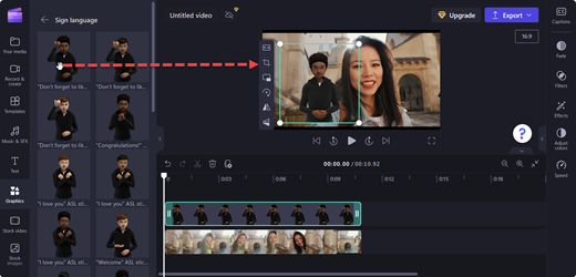 En skärmbild av Clipchamps redigeringssida med en dra och släpp-åtgärd från den valda avataren till den plats på scenen där du vill placera den.
