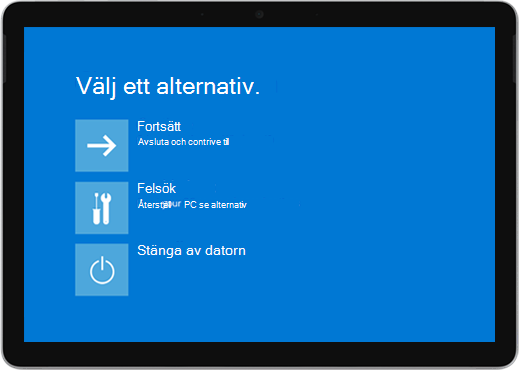 En blå skärm med alternativ för att fortsätta, felsöka eller stänga av datorn.