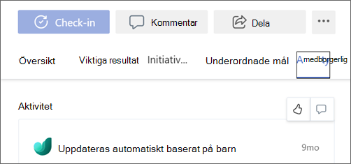 Skärmbild av fliken Aktivitet i ett mål med tummen upp-ikonen markerad.