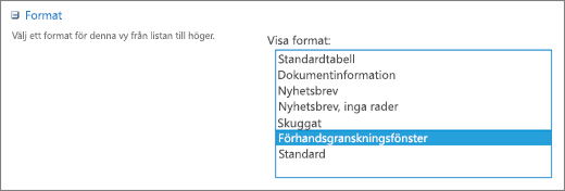 Formatalternativ på sidan Vyinställningar