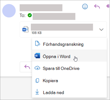 Skärmbild som visar listrutan för att öppna en bifogad fil i Word