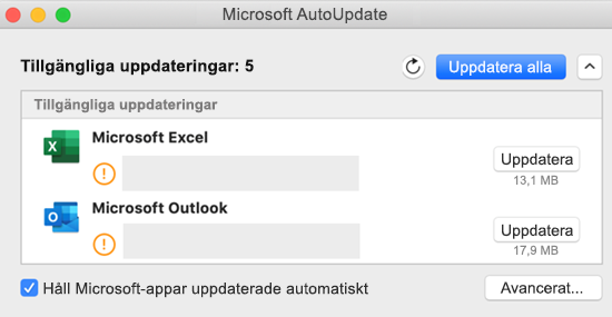 Bild på instrumentpanelen för Microsoft AutoUpdate med information om uppdateringarna.