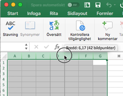 Skärmbild som visar hur du ändrar storlek på kolumnerna i Excel med hjälp av musen