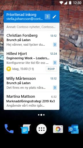 Widgeten för e-post i Android i smalt läge