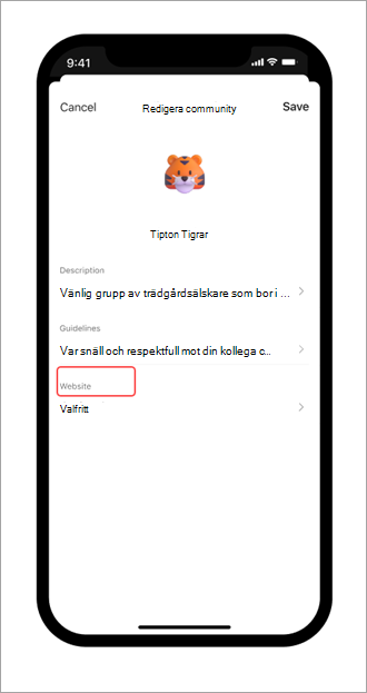 Skärmbild av sidan Redigera community och knappen för att lägga till en communitywebbplats i Microsoft Teams (kostnadsfritt) på en mobil enhet.