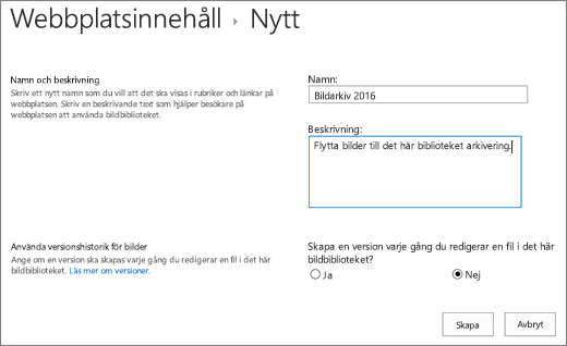 Ange namn, beskrivning och valfri versionshantering